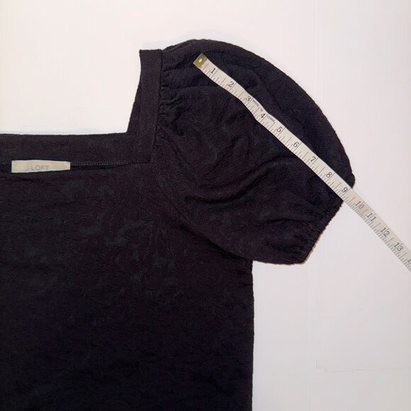 Loft Black Square Neck Puff Sleeve Floral Jacquard T Shirt Top Classic Gothic L - Picture 7 of 10